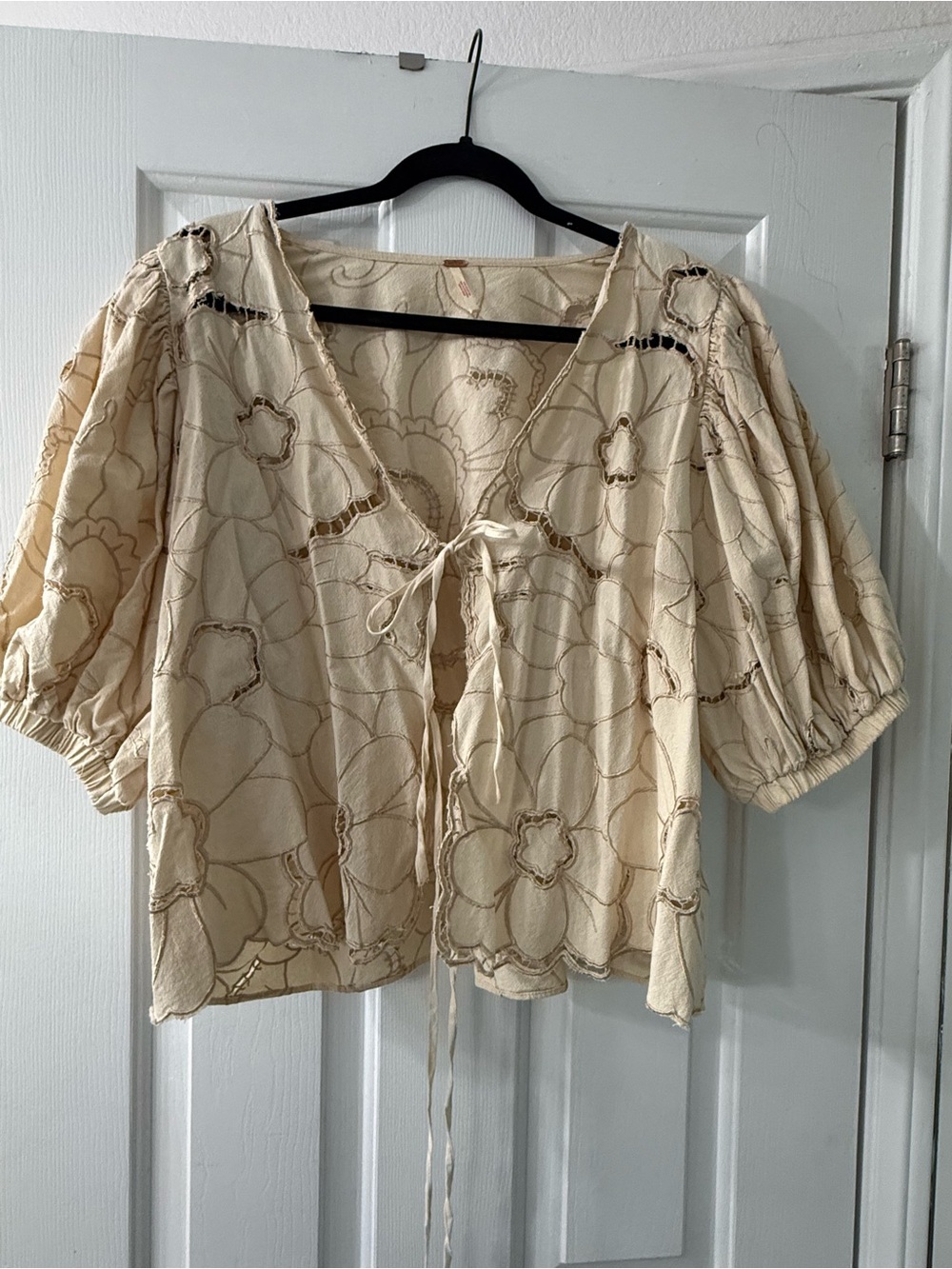 Free People Cream Floral Eyelet Tie-Front Women's Top